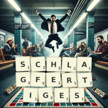 Kreative Illustration für ein Scrabble-Spiel, bei dem das Wort SCHLAGFERTIGES mit Steinen auf dem Brett gelegt wurde.