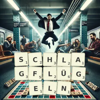 Kreative Illustration für ein Scrabble-Spiel, bei dem das Wort SCHLAGFLÜGELN mit Steinen auf dem Brett gelegt wurde.