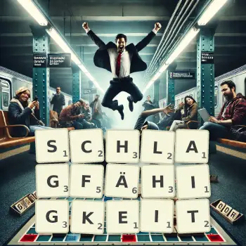 Kreative Illustration für ein Scrabble-Spiel, bei dem das Wort SCHLAGFÄHIGKEIT mit Steinen auf dem Brett gelegt wurde.