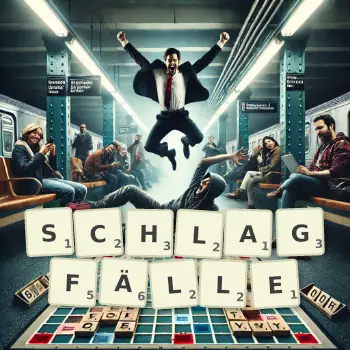 Kreative Illustration für ein Scrabble-Spiel, bei dem das Wort SCHLAGFÄLLE mit Steinen auf dem Brett gelegt wurde.