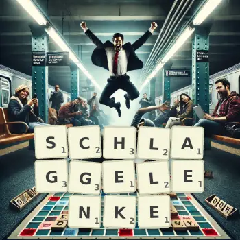Kreative Illustration für ein Scrabble-Spiel, bei dem das Wort SCHLAGGELENKE mit Steinen auf dem Brett gelegt wurde.