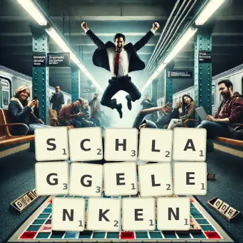 Kreative Illustration für ein Scrabble-Spiel, bei dem das Wort SCHLAGGELENKEN mit Steinen auf dem Brett gelegt wurde.