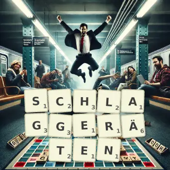 Kreative Illustration für ein Scrabble-Spiel, bei dem das Wort SCHLAGGERÄTEN mit Steinen auf dem Brett gelegt wurde.