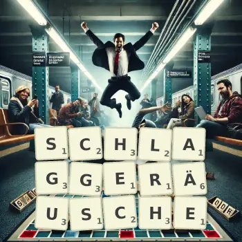 Kreative Illustration für ein Scrabble-Spiel, bei dem das Wort SCHLAGGERÄUSCHE mit Steinen auf dem Brett gelegt wurde.