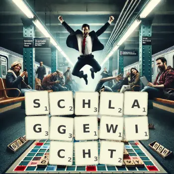 Kreative Illustration für ein Scrabble-Spiel, bei dem das Wort SCHLAGGEWICHT mit Steinen auf dem Brett gelegt wurde.