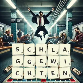 Kreative Illustration für ein Scrabble-Spiel, bei dem das Wort SCHLAGGEWICHTEN mit Steinen auf dem Brett gelegt wurde.