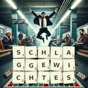 Kreative Illustration für ein Scrabble-Spiel, bei dem das Wort SCHLAGGEWICHTES mit Steinen auf dem Brett gelegt wurde.