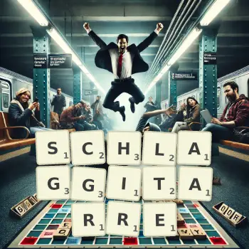 Kreative Illustration für ein Scrabble-Spiel, bei dem das Wort SCHLAGGITARRE mit Steinen auf dem Brett gelegt wurde.