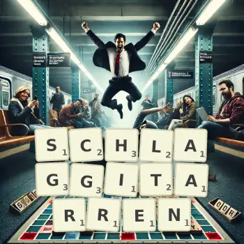 Kreative Illustration für ein Scrabble-Spiel, bei dem das Wort SCHLAGGITARREN mit Steinen auf dem Brett gelegt wurde.