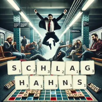 Kreative Illustration für ein Scrabble-Spiel, bei dem das Wort SCHLAGHAHNS mit Steinen auf dem Brett gelegt wurde.