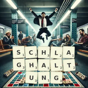 Kreative Illustration für ein Scrabble-Spiel, bei dem das Wort SCHLAGHALTUNG mit Steinen auf dem Brett gelegt wurde.