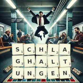 Kreative Illustration für ein Scrabble-Spiel, bei dem das Wort SCHLAGHALTUNGEN mit Steinen auf dem Brett gelegt wurde.