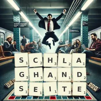 Kreative Illustration für ein Scrabble-Spiel, bei dem das Wort SCHLAGHANDSEITE mit Steinen auf dem Brett gelegt wurde.