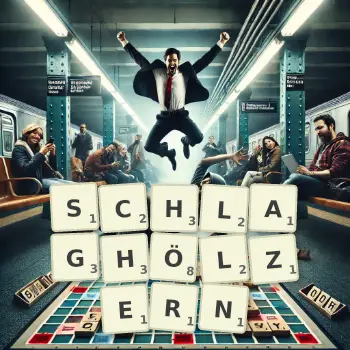 Kreative Illustration für ein Scrabble-Spiel, bei dem das Wort SCHLAGHÖLZERN mit Steinen auf dem Brett gelegt wurde.