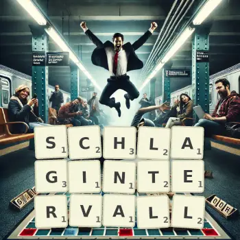 Kreative Illustration für ein Scrabble-Spiel, bei dem das Wort SCHLAGINTERVALL mit Steinen auf dem Brett gelegt wurde.