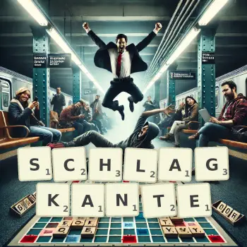 Kreative Illustration für ein Scrabble-Spiel, bei dem das Wort SCHLAGKANTE mit Steinen auf dem Brett gelegt wurde.