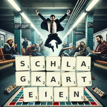 Kreative Illustration für ein Scrabble-Spiel, bei dem das Wort SCHLAGKARTEIEN mit Steinen auf dem Brett gelegt wurde.