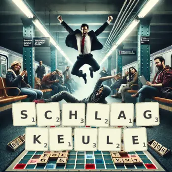 Kreative Illustration für ein Scrabble-Spiel, bei dem das Wort SCHLAGKEULE mit Steinen auf dem Brett gelegt wurde.
