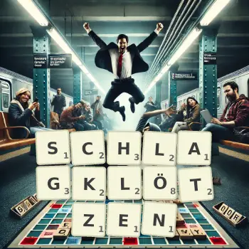 Kreative Illustration für ein Scrabble-Spiel, bei dem das Wort SCHLAGKLÖTZEN mit Steinen auf dem Brett gelegt wurde.