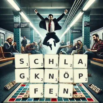 Kreative Illustration für ein Scrabble-Spiel, bei dem das Wort SCHLAGKNÖPFEN mit Steinen auf dem Brett gelegt wurde.