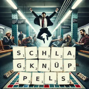 Kreative Illustration für ein Scrabble-Spiel, bei dem das Wort SCHLAGKNÜPPELS mit Steinen auf dem Brett gelegt wurde.