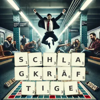 Kreative Illustration für ein Scrabble-Spiel, bei dem das Wort SCHLAGKRÄFTIGE mit Steinen auf dem Brett gelegt wurde.