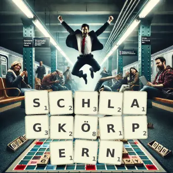 Kreative Illustration für ein Scrabble-Spiel, bei dem das Wort SCHLAGKÖRPERN mit Steinen auf dem Brett gelegt wurde.
