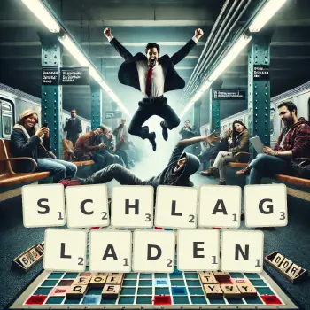 Kreative Illustration für ein Scrabble-Spiel, bei dem das Wort SCHLAGLADEN mit Steinen auf dem Brett gelegt wurde.