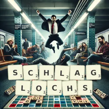 Kreative Illustration für ein Scrabble-Spiel, bei dem das Wort SCHLAGLOCHS mit Steinen auf dem Brett gelegt wurde.