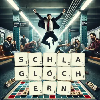 Kreative Illustration für ein Scrabble-Spiel, bei dem das Wort SCHLAGLÖCHERN mit Steinen auf dem Brett gelegt wurde.