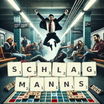 Kreative Illustration für ein Scrabble-Spiel, bei dem das Wort SCHLAGMANNS mit Steinen auf dem Brett gelegt wurde.
