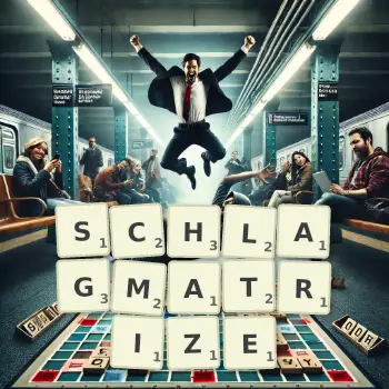 Kreative Illustration für ein Scrabble-Spiel, bei dem das Wort SCHLAGMATRIZE mit Steinen auf dem Brett gelegt wurde.