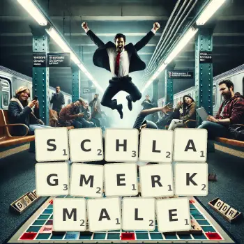 Kreative Illustration für ein Scrabble-Spiel, bei dem das Wort SCHLAGMERKMALE mit Steinen auf dem Brett gelegt wurde.