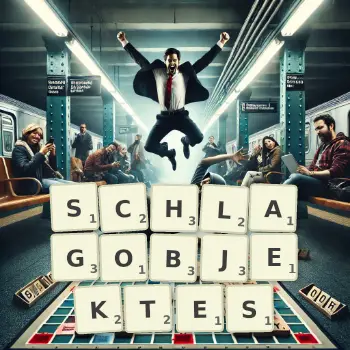 Kreative Illustration für ein Scrabble-Spiel, bei dem das Wort SCHLAGOBJEKTES mit Steinen auf dem Brett gelegt wurde.