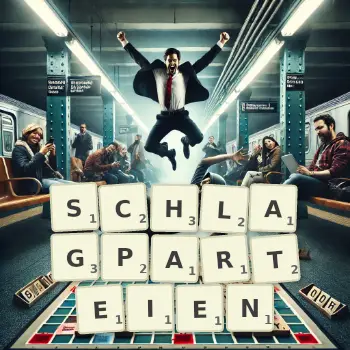 Kreative Illustration für ein Scrabble-Spiel, bei dem das Wort SCHLAGPARTEIEN mit Steinen auf dem Brett gelegt wurde.