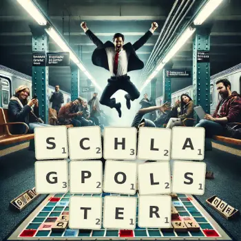 Kreative Illustration für ein Scrabble-Spiel, bei dem das Wort SCHLAGPOLSTER mit Steinen auf dem Brett gelegt wurde.