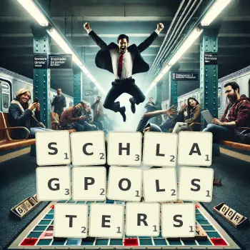 Kreative Illustration für ein Scrabble-Spiel, bei dem das Wort SCHLAGPOLSTERS mit Steinen auf dem Brett gelegt wurde.