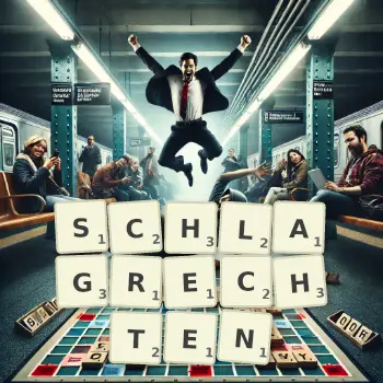 Kreative Illustration für ein Scrabble-Spiel, bei dem das Wort SCHLAGRECHTEN mit Steinen auf dem Brett gelegt wurde.