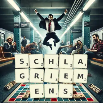 Kreative Illustration für ein Scrabble-Spiel, bei dem das Wort SCHLAGRIEMENS mit Steinen auf dem Brett gelegt wurde.
