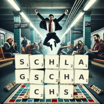 Kreative Illustration für ein Scrabble-Spiel, bei dem das Wort SCHLAGSCHACHS mit Steinen auf dem Brett gelegt wurde.