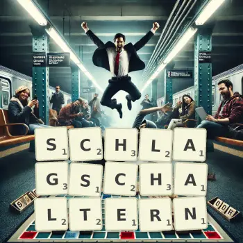 Kreative Illustration für ein Scrabble-Spiel, bei dem das Wort SCHLAGSCHALTERN mit Steinen auf dem Brett gelegt wurde.
