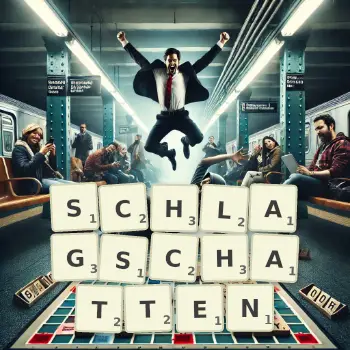Kreative Illustration für ein Scrabble-Spiel, bei dem das Wort SCHLAGSCHATTEN mit Steinen auf dem Brett gelegt wurde.