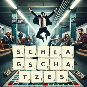 Kreative Illustration für ein Scrabble-Spiel, bei dem das Wort SCHLAGSCHATZES mit Steinen auf dem Brett gelegt wurde.