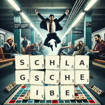 Kreative Illustration für ein Scrabble-Spiel, bei dem das Wort SCHLAGSCHEIBE mit Steinen auf dem Brett gelegt wurde.