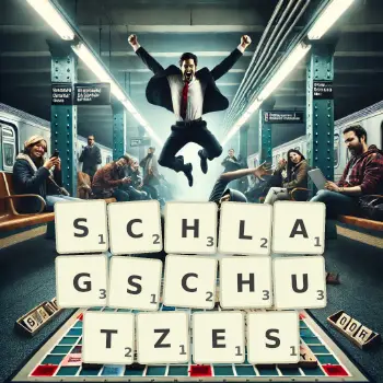 Kreative Illustration für ein Scrabble-Spiel, bei dem das Wort SCHLAGSCHUTZES mit Steinen auf dem Brett gelegt wurde.
