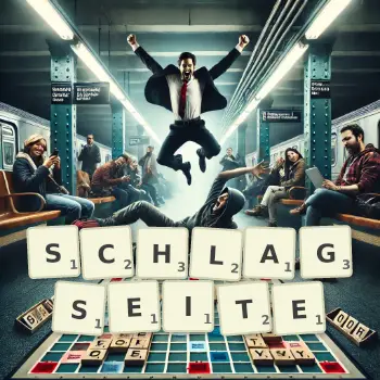 Kreative Illustration für ein Scrabble-Spiel, bei dem das Wort SCHLAGSEITE mit Steinen auf dem Brett gelegt wurde.