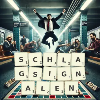 Kreative Illustration für ein Scrabble-Spiel, bei dem das Wort SCHLAGSIGNALEN mit Steinen auf dem Brett gelegt wurde.