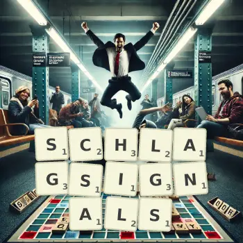 Kreative Illustration für ein Scrabble-Spiel, bei dem das Wort SCHLAGSIGNALS mit Steinen auf dem Brett gelegt wurde.