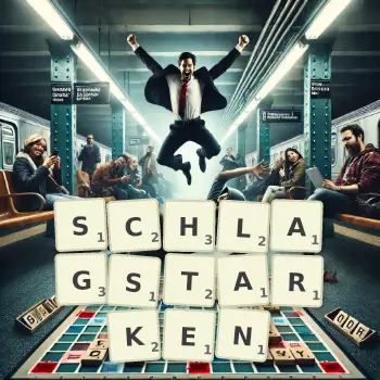 Kreative Illustration für ein Scrabble-Spiel, bei dem das Wort SCHLAGSTARKEN mit Steinen auf dem Brett gelegt wurde.