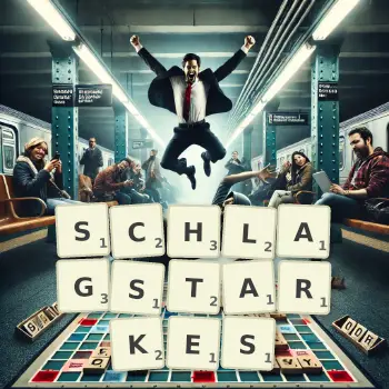 Kreative Illustration für ein Scrabble-Spiel, bei dem das Wort SCHLAGSTARKES mit Steinen auf dem Brett gelegt wurde.